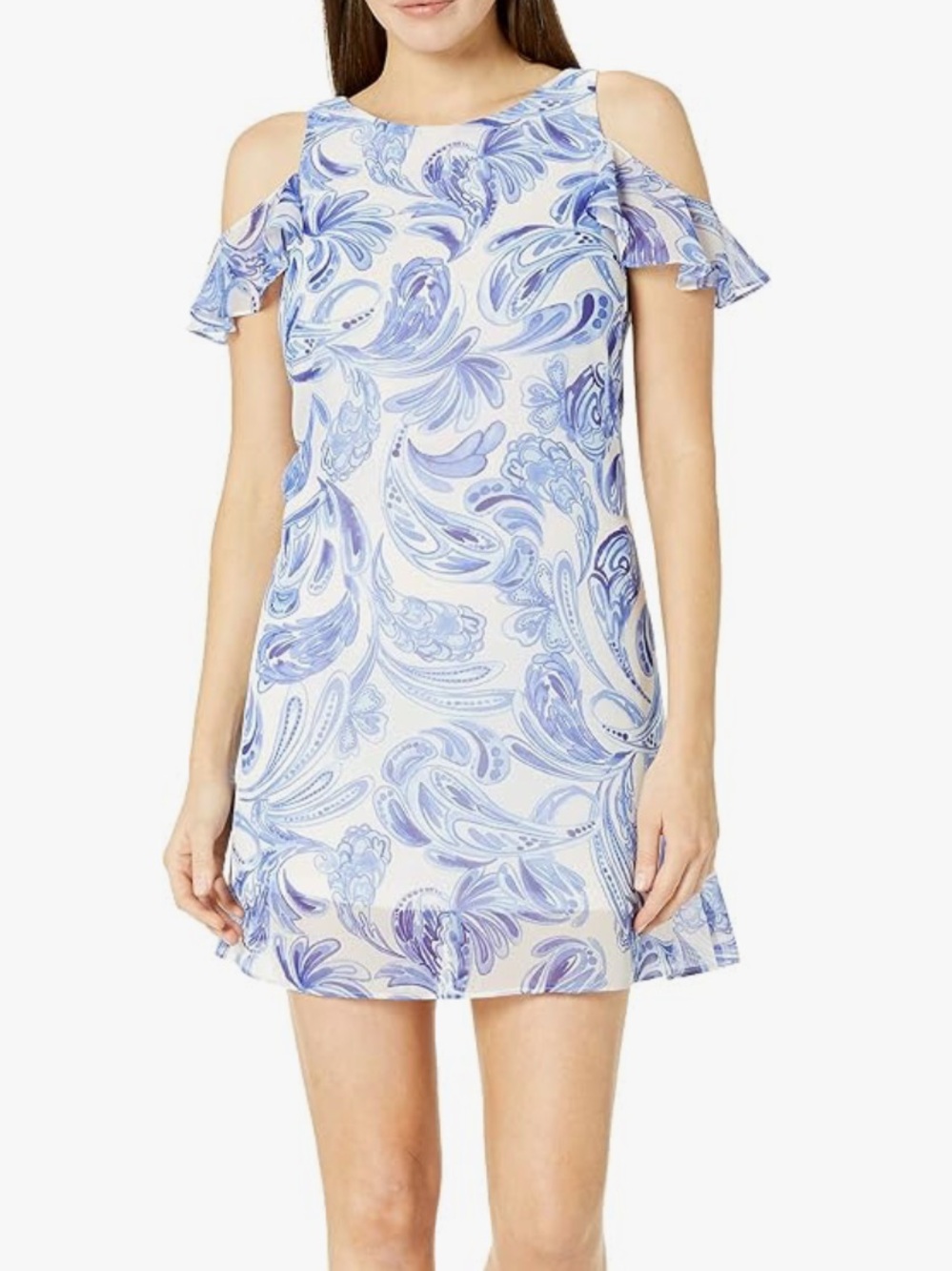 Jessica Howard White and Blue Paisley Cold-Shoulder Mini Dress